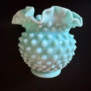 Vintage Fenton Turquoise Blue Milk Glass Hobnail Double Ruffle Vase 4 1/4